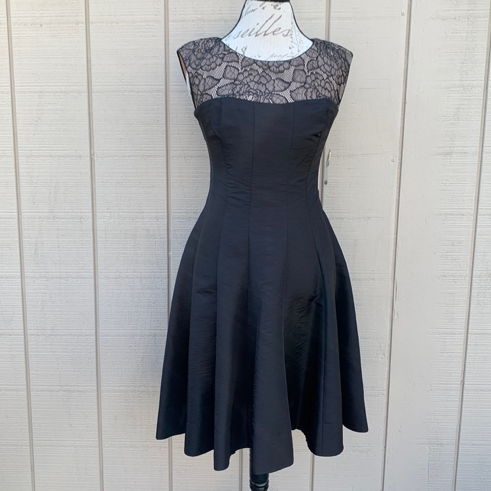 London Times Fit and Flare Dress Black/Nude Satin and Lace Dress